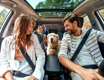 A mom, dad, little girl, and dog taking a road trip to Hilton Head Island